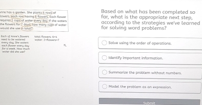 ne has a garden. She plants s row o Based on what has been completed so
Lowers, each row having 5 flowers, Eath flowe far, what is the appropriate next step,
equlres 2 cups of water ivery das, If she woten according to the strategies we've learned 
would she use in toal? the flowers for ? dayda now many cupt of wobe for solving word problems?
Fach of Anne's flowws Sonai fnwers A nh erd to be watered . woler: Z=osers=? Solve using the order of operations
ach fower enveru dou every day. She watws: for i wek. How mach
witer did she use? Identify important information.
Summarize the problem without numbers.
Model the problem as an expression.
Subm t