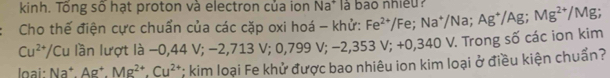 kinh. Tổng số hạt proton và electron của ion Na* là bao nhiều? 
Cho thế điện cực chuẩn của các cặp oxi hoá - khử: Fe^(2+) /Fe; Na⁺/Na; Ag⁺/Ag; Mg^(2+)/Mg
Cu^(2+)/Cu lần lượt là −0,44 V; −2,713 V; 0,799 V; −2,353 V; +0,340 V. Trong số các ion kim 
Ioại: Naª. Ag⁺. Mg^(2+).Cu^(2+) * kim loại Fe khử được bao nhiêu ion kim loại ở điều kiện chuẩn?