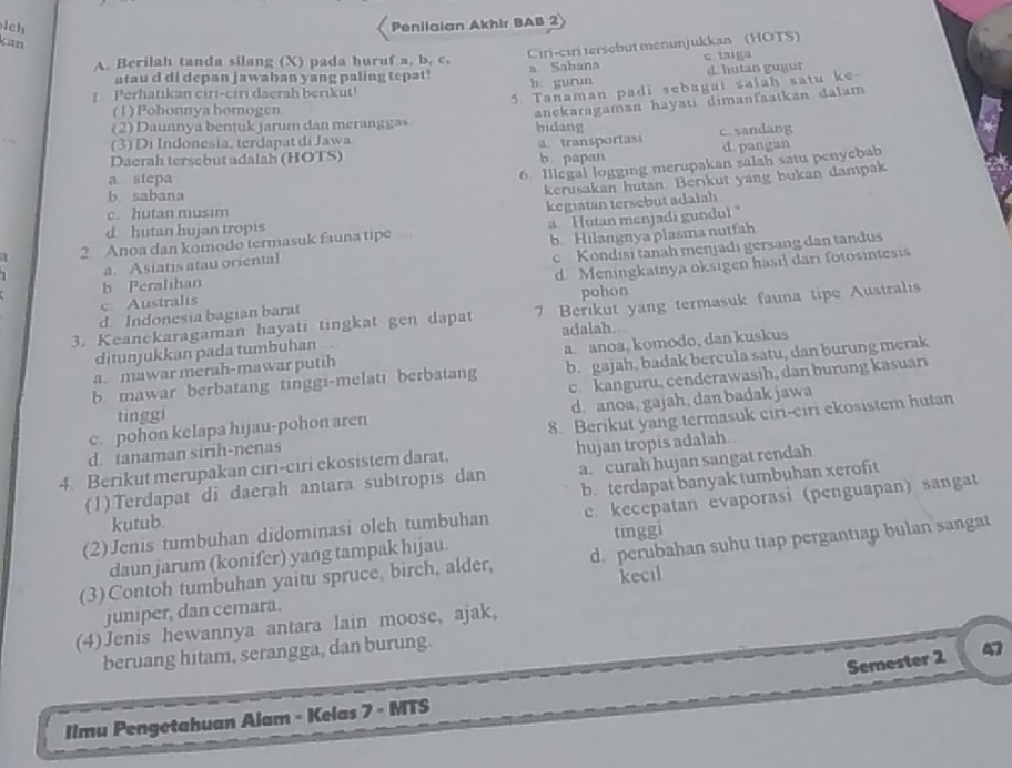 Penilaian Akhir BAB 2
Kan
Ciri-ciri tersebut menunjukkan (HOTS)
c taigu
A. Berilah tanda silang (X) pada huruf a, b, c, a Sabana
atau d di depan jawaban yang paling tepat!
Perhatıkan cirı-cirı daerah berikut! b. gurun d. hutan gugur
5. Tanaman padi sebagai salah satu ke
( 1 ) Pohonnya homogen
anckaragaman hayati dimanfaatkan dalam
(2) Daunnya bentuk jarum dan merangga»
(3) Di Indonesia, terdapat di Jawa bidang
d.pangan
Daerah tersebut adalah (HOTS) a. transportas b papan c. sandang
a stepa
6 Illegal logging merupakan salah satu penyebab
b sabana
kerusakan hutan. Berkut yang bukan dampak
c. hutan musim
kegiatan tersebut adalah
d. hutan hujan tropis
2 Anoa dan komodo termasuk fauna tipe a Hutan menjadi gundul "
a. Asiatis atau oriental b Hilangnya plasma nutfah
b Peralihan c Kondisi tanah menjadı gersang dan tandus
c. Australis d. Meningkatnya oksigen hasıl dari fotosintesis
pohon
3. Keanekaragaman hayati tingkat gen dapat 7 Berikut yang termasuk fauna tipe Australis
d. Indonesia bagian barat
adalah.
ditunjukkan pada tumbuhan
a. mawar merah-mawar putih a. anoa, komodo, dan kuskus
b mawar berbatang tinggi-melati berbatang b. gajah, badak bercula satu, dan burung merak
tinggi c.kanguru, cenderawasih, dan burung kasuari
c. pohon kelapa hijau-pohon aren d. anoa, gajah, dan badak jawa
d. tanaman sirih-nenas 8. Berikut yang termasuk ciri-ciri ekosistem hutan
4. Berikut merupakan cıri-ciri ekosistem darat, hujan tropis adalah.
(1)Terdapat di daerah antara subtropis dan a  curah hujan sangat rendah
b. terdapat banyak tumbuhan xerofit
(2)Jenis tumbuhan didominasi oleh tumbuhan c. kecepatan evaporasi (penguapan) sangat
kutub.
tīnggi
daun jarum (konifer) yang tampak hıjau.
(3)Contoh tumbuhan yaitu spruce, birch, alder, d. perubahan suhu tiap pergantian bulan sangat
juniper, dan cemara. kecil
(4)Jenis hewannya antara lain moose, ajak,
beruang hitam, serangga, dan burung.
Semester 2 47
Ilmu Pengetahuan Alam - Kelas 7 - MTS