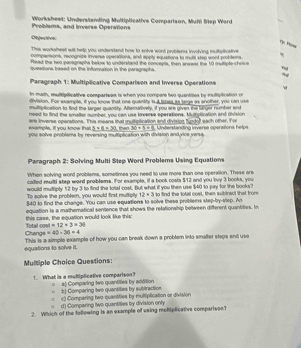 Solved: Worksheet: Understanding Multiplicative Comparison, Multi Step ...