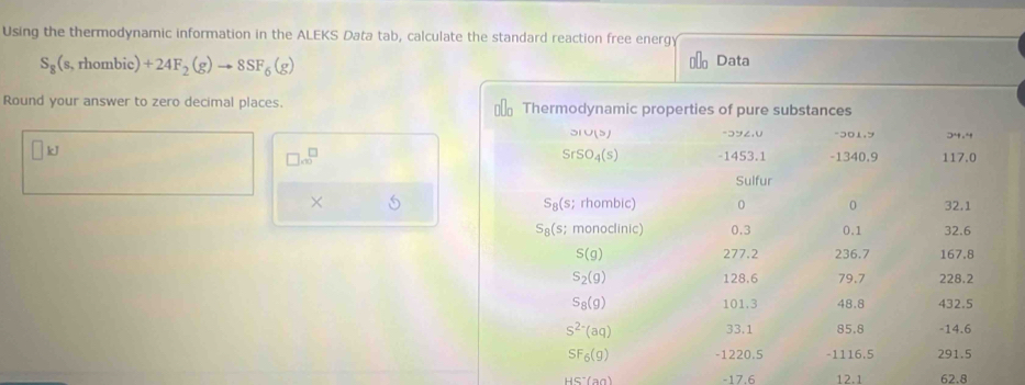 Using the thermodynamic information in the ALEKS Data tab, calculate the standard reaction free energ
S_8(s,rh ombic 1 +24F_2(g)to 8SF_6(g) Data
Round your answer to zero decimal places.
□ kJ
□ .beginarrayr □  ∈fty endarray
×
HS^-(an) -17.6 12.1 62.8