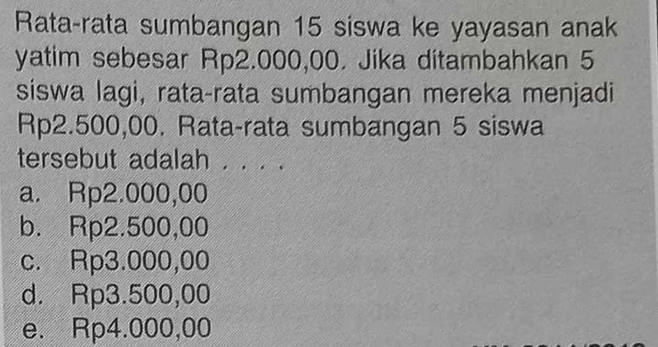 Rata-rata sumbangan 15 siswa ke yayasan anak
yatim sebesar Rp2.000,00. Jika ditambahkan 5
siswa lagi, rata-rata sumbangan mereka menjadi
Rp2.500,00. Rata-rata sumbangan 5 siswa
tersebut adalah
a. Rp2.000,00
b. Rp2.500,00
c. Rp3.000,00
d. Rp3.500,00
e. Rp4.000,00