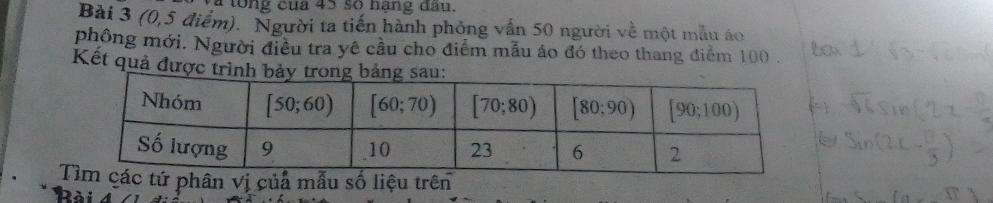 à tong cua 45 số hạng đầu.
Bài 3 (0,5 điểm). Người ta tiến hành phỏng vấn 50 người về một mẫu áo
phông mới. Người điều tra yê cầu cho điểm mẫu áo đó theo thang điểm 100 .
Kết quả được trình