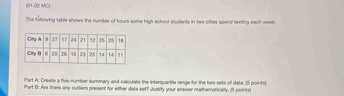 (01.02 MC) The following table shows the number of hours some high ...