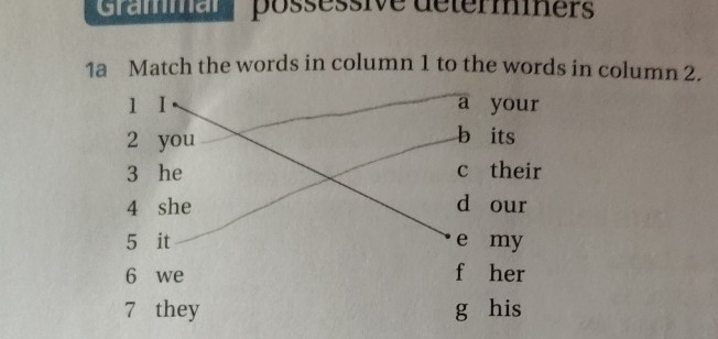 Grammar possessive déterminers 
1a Match the words in column 1 to the words in column 2.