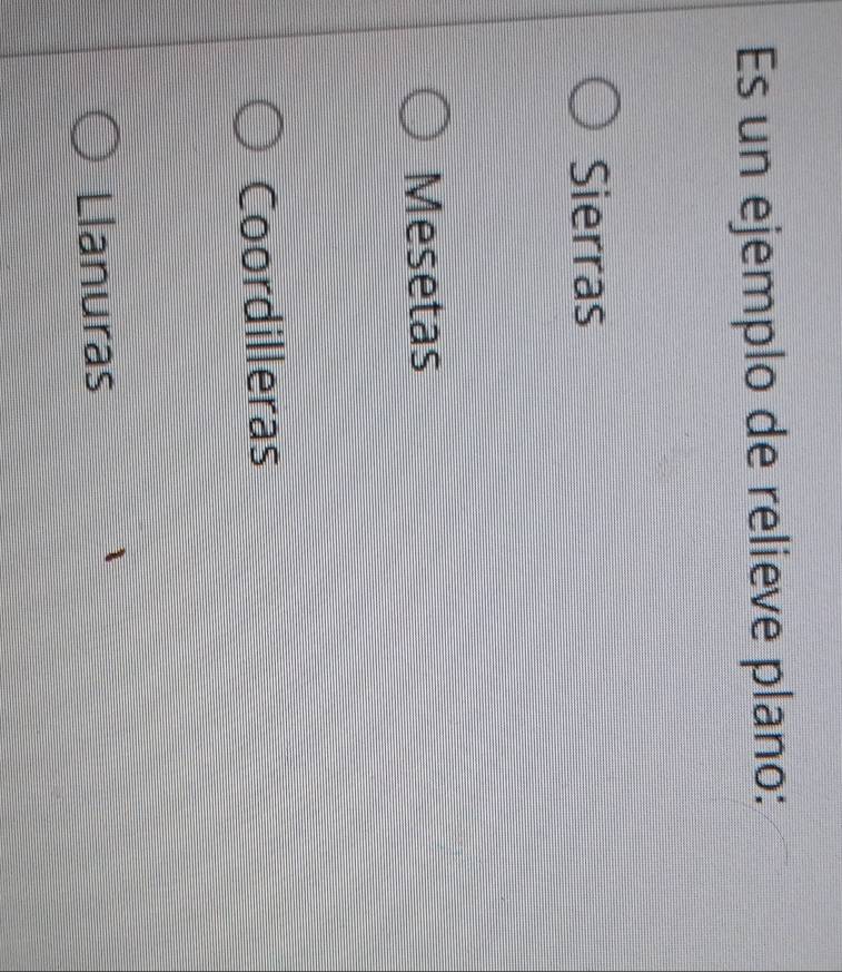 Es un ejemplo de relieve plano:
Sierras
Mesetas
Coordilleras
Llanuras