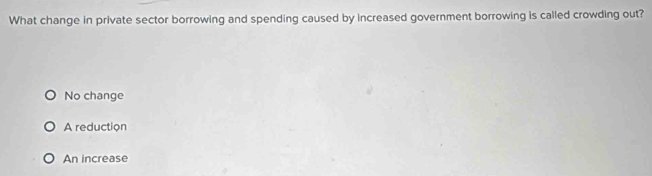 What change in private sector borrowing and spending caused by increased government borrowing is called crowding out?
No change
A reduction
An increase