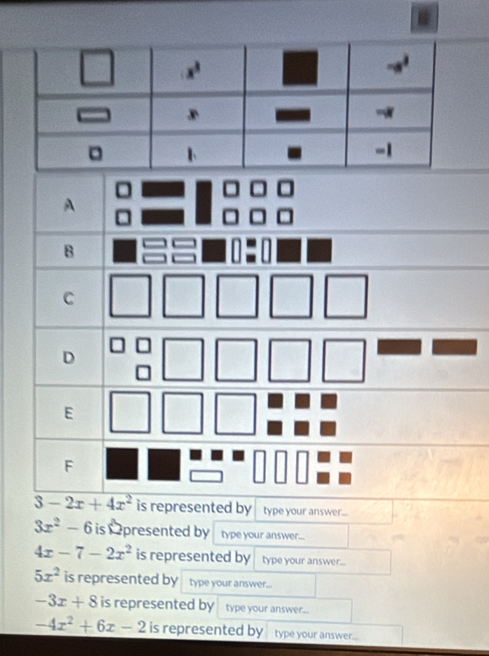 A
B
C
D
E
F
3-2x+4x^2 is represented by type your answer...
3x^2-6 is presented by type your answer...
4x-7-2x^2 is represented by type your answer...
5x^2 is represented by type your answer...
-3x+8 is represented by type your answer...
-4x^2+6x-2 is represented by type your answer...