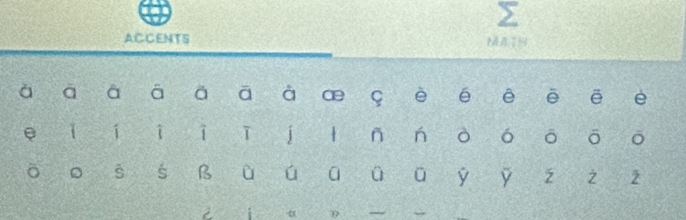 ACCENTS MATH 
ā ā ā ā ā à a 9 è é ē ē ē è 
e í i i ī j 1 ñ ń ò 6 ō ō ō 
ō 。 s s B ù ú a ü Ý 2 2