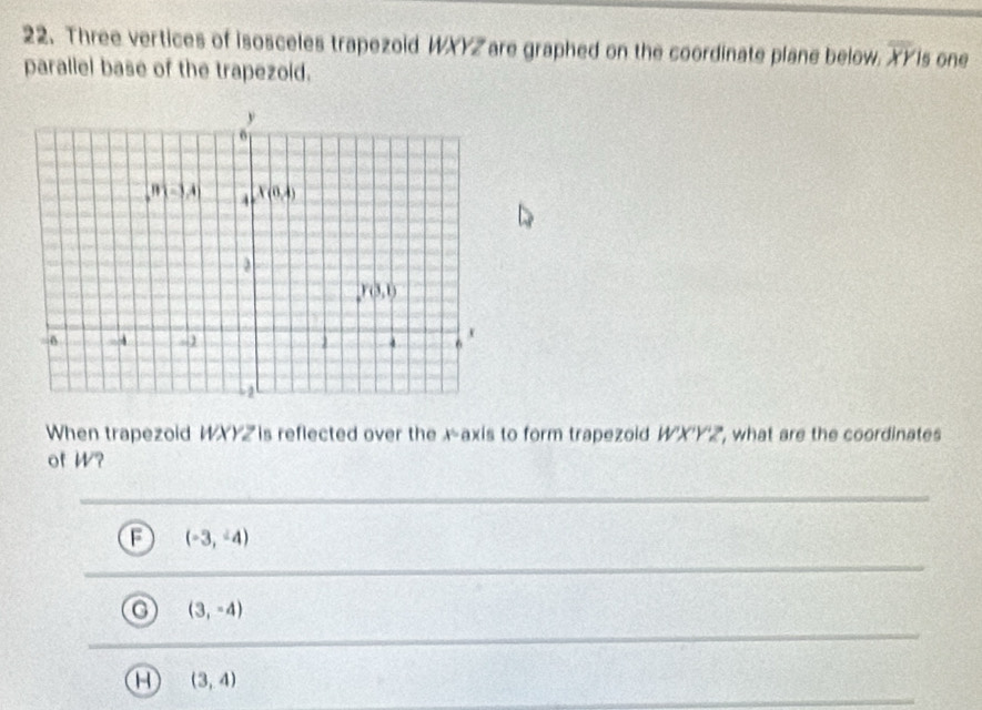 Three vertices of isosceles trapezoid WXYZ are graphed on the coordinate plane below. overline XYis one
parallel base of the trapezoid.
When trapezoid WXYZ is reflected over the x-axis to form trapezoid WX'Y'Z , what are the coordinates
of W?
F (-3,-4)
(3,-4)
(3,4)