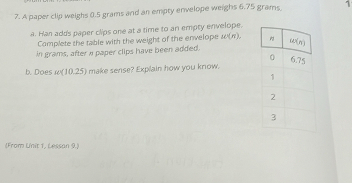 A paper clip weighs 0.5 grams and an empty envelope weighs 6.75 grams,
1
a. Han adds paper clips one at a time to an empty envelope.
Complete the table with the weight of the envelope w(n),
in grams, after n paper clips have been added.
b. Does w(10.25) make sense? Explain how you know.
(From Unit 1, Lesson 9.)