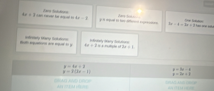 Zero Solutions Zero Solusons One Saluson:
4x+2 can never be equal to 4x-2. y is equal to two different expressions. 3x-4=2x+2 hes one solu
Infinitely Many Solutions Infinitely Many Solutions:
Bom equations are equal to y 4x+2 is a multiple of 2x+1,