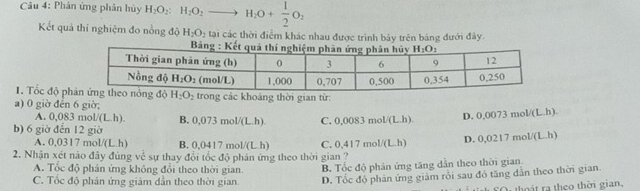 Phản ứng phân hủy H_2O_2:H_2O_2to H_2O+ 1/2 O_2
Kết quả thí nghiệm đo nồng độ H_2O_2 le tại các thời điểm khác nhau được trình bảy trên bảng đưới đây.
1. Tốc độ ptrong các khoáng thời gian từ:
a) 0 giờ đến 6 giờ;
A. 0,083 mo /(Lh) B. 0.073mol/(L.h
b) 6 giờ đến 12 giờ C. 0,0083 m L/(L.h). D. ( ,0073mol/(Lh).
A. 0.0317 mol V(Lh) B. 0,0417 mol (L h) C. 0.417mol/(L.h) D. 0, 0217mol/(L..H
2. Nhận xét nào đây đủng voverline c sự thay đổi tốc độ phản ứng theo thời gian ?
A. Tốc độ phản ứng không đổi theo thời gian. B. Tốc độ phân ứng tăng dẫn theo thời gian
C. Tốc độ phản ứng giảm dẫn theo thời gian D. Tốc độ phản ứng giảm rồi sau đỏ tăng dẫn theo thời gian
thát ra theo thời gian,