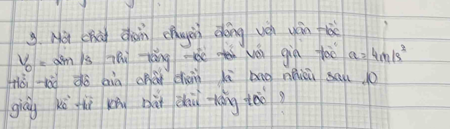 Ná chài càn chugin dóng vén yán -
V_0= am s Thi Táng -e n vei gin too a=4m/s^2
Hói -àò dè aia cháǐ dàn à mng nhicù sal 0 
giāg xòhì xn bàt chù tong tòo?