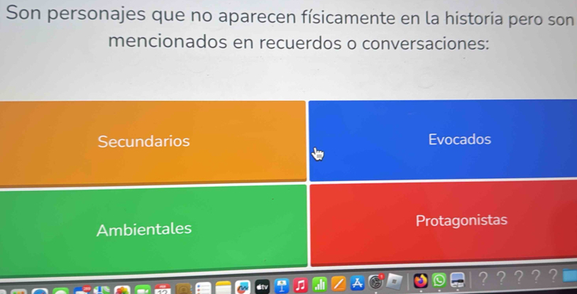 Son personajes que no aparecen físicamente en la historia pero son
mencionados en recuerdos o conversaciones:
Secundarios Evocados
Ambientales Protagonistas
? ?