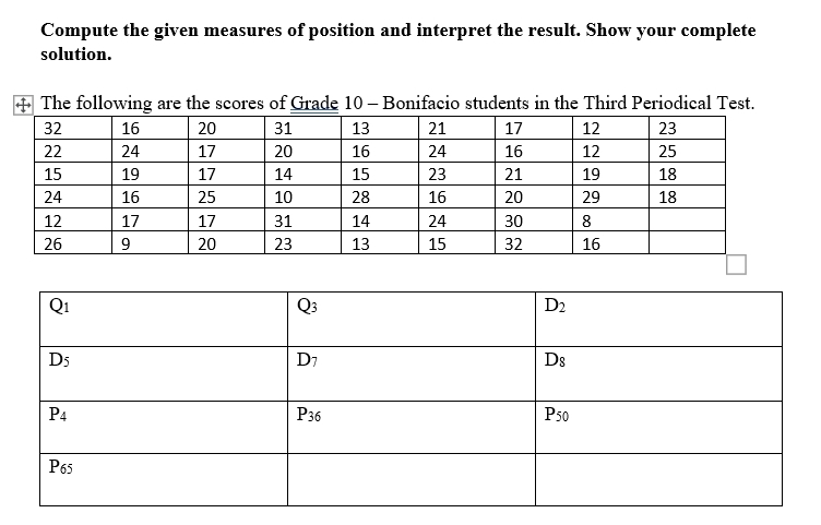 Compute the given measures of position and interpret the result. Show your complete
solution.
The following are the scores of Grade 10 - Bonifacio students in the Third Periodical Test.