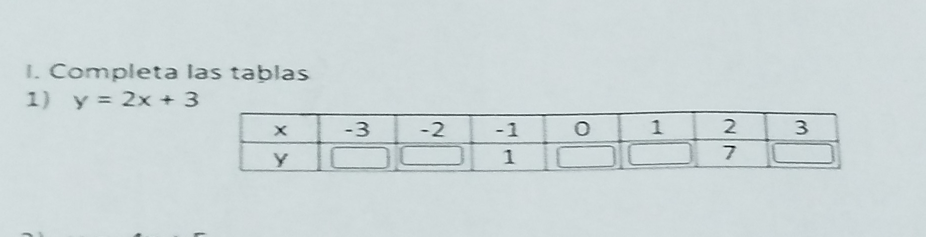 Completa las tablas 
1) y=2x+3