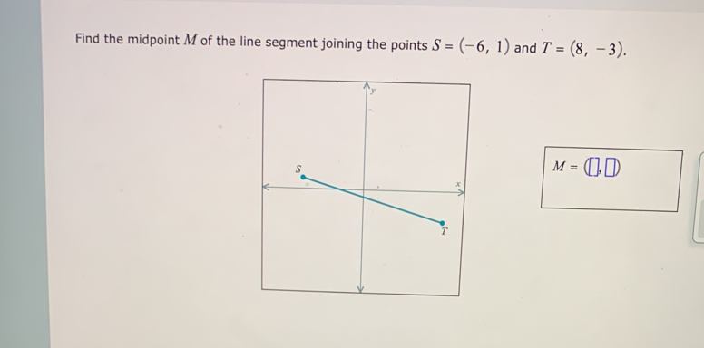 Find the midpoint M of the line segment joining the points S=(-6,1) and T=(8,-3).
M=(□ ,□ )