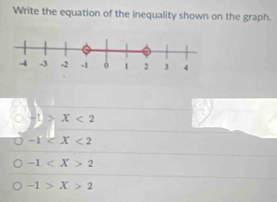 Write the equation of the inequality shown on the graph.
0 -1>X<2</tex>
-1
-1 2
-1>X>2