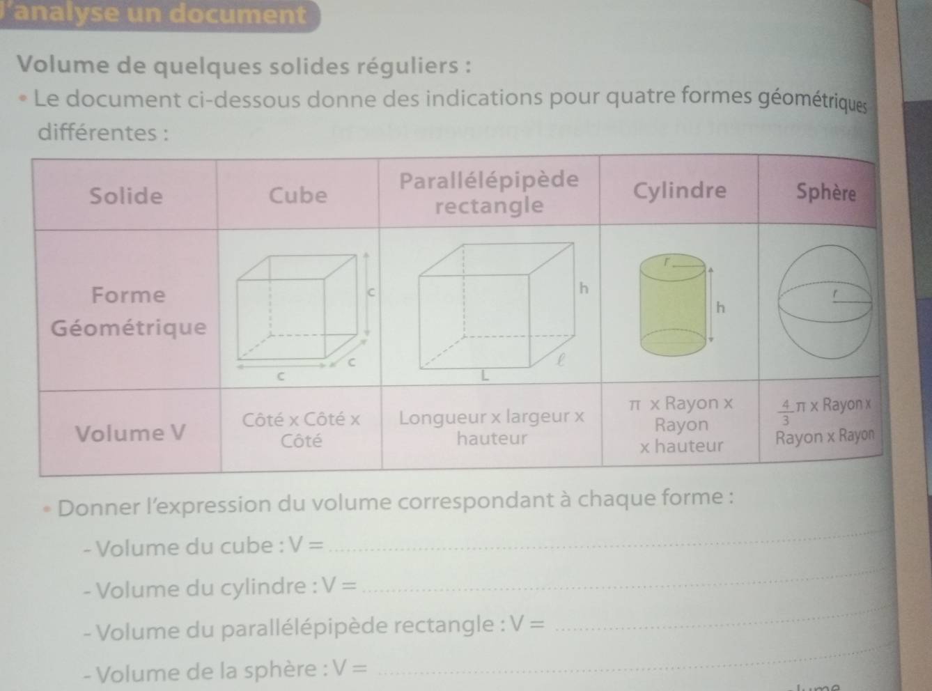 lanalyse un document
Volume de quelques solides réguliers :
Le document ci-dessous donne des indications pour quatre formes géométriques
différentes :
Donner l'expression du volume correspondant à chaque forme :
- Volume du cube : V=
_
- Volume du cylindre : V=
_
- Volume du parallélépipède rectangle : V=
_
- Volume de la sphère : V=
_