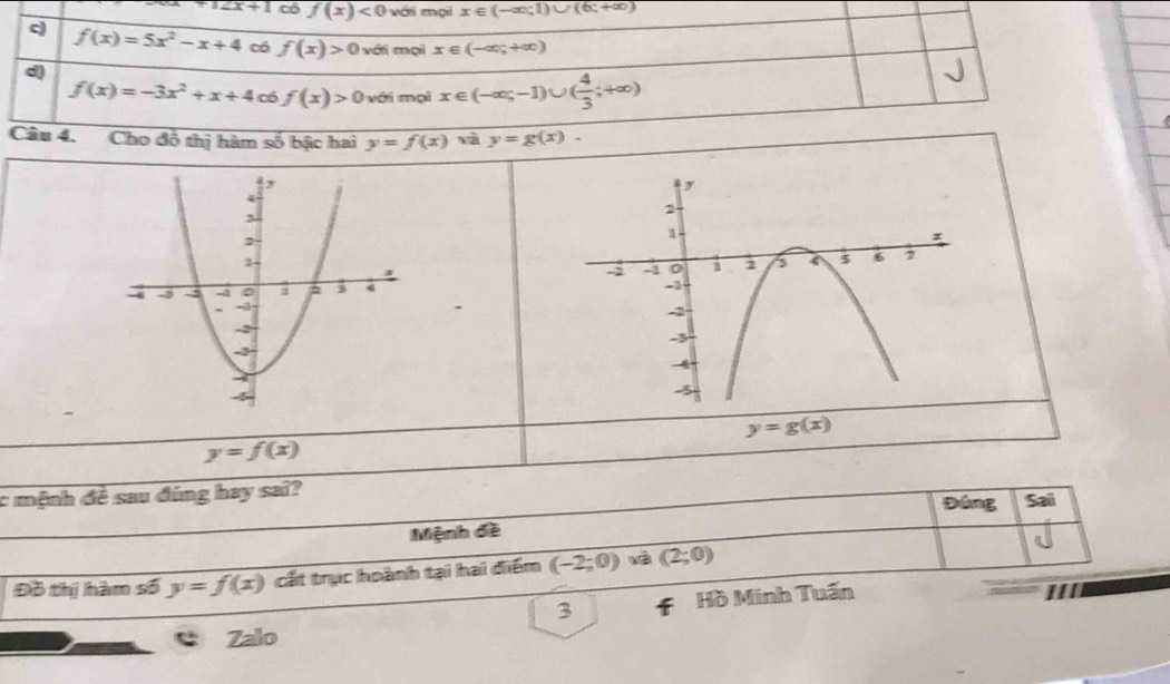 ^1∠ x+1 có f(x)<0</tex> với mọi x∈ (-∈fty ;1)∪ (6c+∈fty )
c f(x)=5x^2-x+4 có f(x)>0 với mội x∈ (-∈fty ,+∈fty )
d)
f(x)=-3x^2+x+4 Có f(x)>0 với mại x∈ (-∈fty ,-1)∪ ( 4/3 ;+∈fty )
Câu 4. Cho đồ thị hàm số bậc hai y=f(x) và y=g(x).
y=g(x)
y=f(x)
c mệnh đề sau đúng hay sa??
Đúng
Mệnh đề Sai
Đồ thị hàm số y=f(x) cất trục hoành tại hai điểm (-2;0) xà (2;0)
3 Hồ Minh Tuấn
Zalo