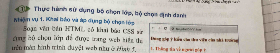 ML ở Hình 4a băng trình duyệt web 
3 Thực hành sử dụng bộ chọn lớp, bộ chọn định danh 
Nhiệm vụ 1. Khai báo và áp dụng bộ chọn lớp 
C 
Soạn văn bản HTML có khai báo CSS sử file:///Bai10-NV1.html 
dụng bộ chọn lớp đề được trang web hiển thị Đóng góp ý kiến cho thư viện của nhà trường 
trên màn hình trình duyệt web như ở Hình 5. 1. Thông tin về người góp ý