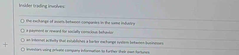 Insider trading involves:
the exchange of assets between companies in the same industry
a payment or reward for socially conscious behavior
an Internet activity that establishes a barter exchange system between businesses
+
investors using private company information to further their own fortunes