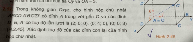 A năm trên tia đổi của tia Oy và OA=3.
2.17. Trong không gian Oxyz, cho hình hộp chữ nhật
ABCD.. A'B'C'D' có đỉnh A trùng với gốc O và các đỉnh
y
D B,A' ' có toạ độ lần lượt là (2;0;0),(0;4;0),(0;0;3)
(H.2.45). Xác định toạ độ của các đỉnh còn lại của hình 
hộp chữ nhật.