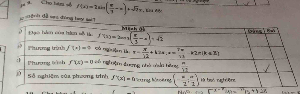 ậu 9. Cho hàm số f(x)=2sin ( π /3 -x)+sqrt(2)x , khi đó:
mệnh đề sau đứng hay s