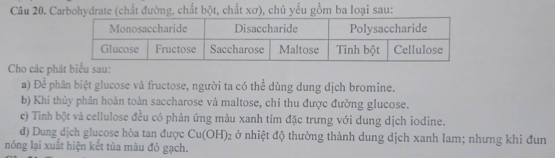 Carbohydrate (chất đường, chất bột, chất xơ), chủ yếu gồm ba loại sau: 
Cho các phát biểu sau: 
a) Để phân biệt glucose và fructose, người ta có thể dùng dung dịch bromine. 
b) Khi thủy phân hoàn toàn saccharose và maltose, chỉ thu được đường glucose. 
c) Tinh bột và cellulose đều có phản ứng màu xanh tím đặc trưng với dung dịch iodine. 
d) Dung dịch glucose hòa tan được Cu(OH)_2 ở nhiệt độ thường thành dung dịch xanh lam; nhưng khi đun 
nóng lại xuất hiện kết tủa màu đỏ gạch.