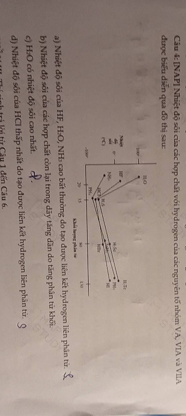Cầu 4: [NAP] Nhiệt độ sôi của các hợp chất với hydrogen của các nguyên tố nhóm VA, VIA và VIIA 
được biểu diễn qua đồ thị sau: 
a) Nhiệt độ sối của HF, H₂O, NH₃ cao bất thường do tạo được liên kết hydrogen liên phân tử. 
b) Nhiệt độ sối của các hợp chất còn lại trong dãy tăng dân do tăng phân tử khối. 
c) H₂O có nhiệt độ sôi cao nhất. 
d) Nhiệt độ sối của HCl thấp nhất do tạo được liên kết hydrogen liên phân tử. 
rả lời từ Câu 1 đến Câu 6.