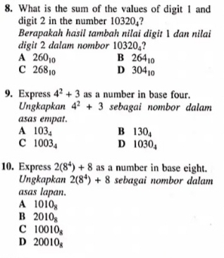 What is the sum of the values of digit 1 and
digit 2 in the number 10320_4
Berapakah hasil tambah nilai digit  dan nilai
digit 2 dalam nombor 10320_4
A 260_10 B 264_10
C 268_10 D 304_10
9. Express 4^2+3 as a number in base four.
Ungkapkan 4^2+3 sebagai nombor dalam
asas empat.
A 103_4 B 130_4
C 1003_4 D 1030_4
10. Express 2(8^4)+8 as a number in base eight.
Ungkapkan 2(8^4)+8 sebagai nombor dalam
asas lapan.
A 1010_8
B 2010_8
C 10010_8
D 20010_8