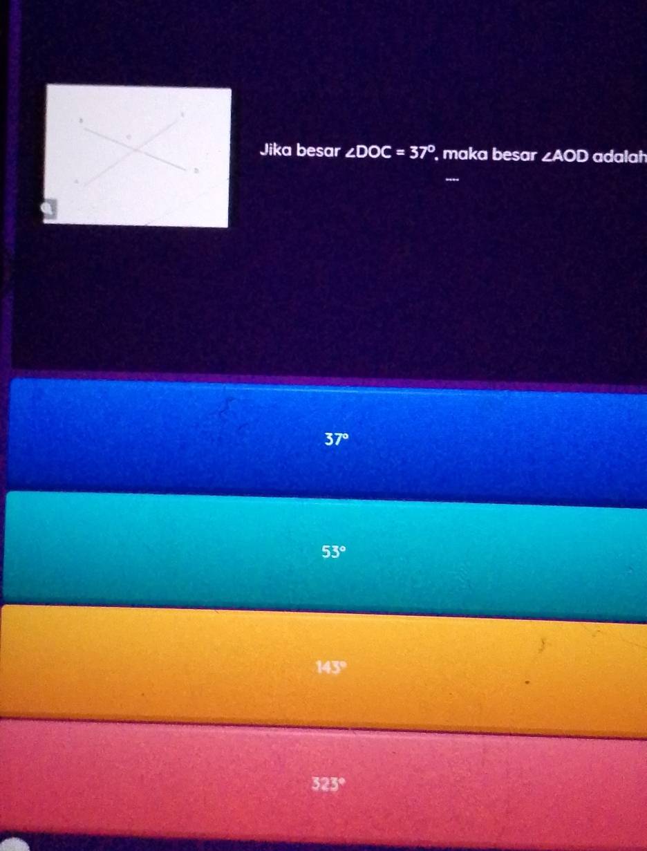 Jika besar ∠ DOC=37° maka besar ∠ AOD adalah
37°
53°
143°
323°