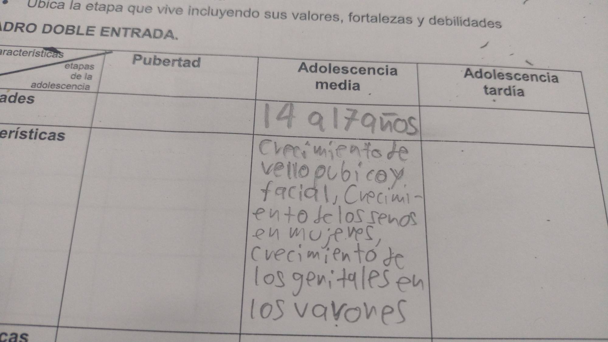 Úbica la etapa que vive incluyendo sus valores, fortalezas y debilidades 
DRO DOBLE ENTRA 
arac 
ad 
er 
cas