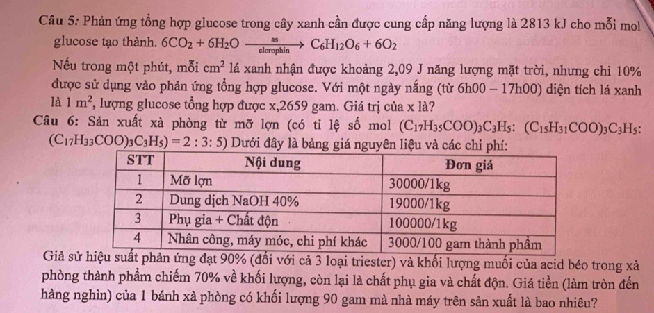 Phản ứng tổng hợp glucose trong cây xanh cần được cung cấp năng lượng là 2813 kJ cho mỗi mol 
glucose tạo thành. 6CO_2+6H_2Oxrightarrow asC_6H_12O_6+6O_2
Nếu trong một phút, mỗi cm^2 lá xanh nhận được khoảng 2,09 J năng lượng mặt trời, nhưng chỉ 10%
được sử dụng vào phản ứng tổng hợp glucose. Với một ngày nắng (từ 6h00-17 h00) diện tích lá xanh 
là 1m^2 7, lượng glucose tổng hợp được x, 2659 gam. Giá trị của x là? 
Câu 6: Sản xuất xà phòng từ mỡ lợn (có tỉ lệ số mol (C_17H_35COO)_3C_3H_5:(C_15H_31COO)_3C_3H_5 :
(C_17H_33COO)_3C_3H_5)=2:3:5) Dưới đây là bảng giá nguyên liệu và c 
Giả st phản ứng đạt 90% (đối với cả 3 loại triester) và khối lượng muối của acid béo trong xà
phòng thành phẩm chiếm 70% về khối lượng, còn lại là chất phụ gia và chất độn. Giá tiền (làm tròn đến 
hàng nghìn) của 1 bánh xà phòng có khối lượng 90 gam mà nhà máy trên sản xuất là bao nhiêu?