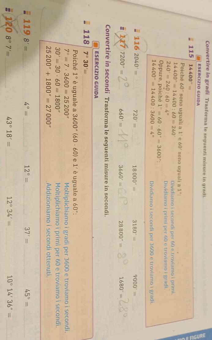 Convertire in gradi Trasforma le seguenti misure in gradi. 
ESERCIZIO GUIDA 
115 14400''=
Poiché 60° sono uguali a 1' e 60' sono uguali a 1°
14400°=14400:60=240'
Dividiamo i secondi per 60 e.troviamo i primi.
240'=240:60=4°
Dividiamo i primi per 60 e troviamo i gradi. 
Oppure, poiché 1°=60· 60''=3600'.
14400''=14400:3600=4°
Dividiamo i secondi per 3600 e troviamo i gradi. 
. 116 2040'= _ 
_ 720'=
18000''= _ 3180'= _ 
_ 9000'=
= 11 7200''= _ 660'= _ 3660'= _ 28800''= _ 1680'= _ 
Convertire in secondi Trasforma le seguenti misure in secondi. 
ESERCIZIO GUIDA 
118 7°30'= _ 
Poiché 1° è uguale a 3600''(60· 60) e 1' è uguale a 60'' :
7°=7· 3600=25200'' Moltiplichiamo i gradi per 3600 e troviamo i secondi.
30'=30· 60=1800'' Moltiplichiamo i primi per 60 e troviamo i secondi.
25200''+1800''=27000'' Addizioniamo i secondi ottenuti. 
_ 1198'=
4°= _ 
_ 12°=
_ 37'=
45°= _ 
_ 1208°7'=
43°18'= _ 
_ 12°34'=
_ 10°14'36''=