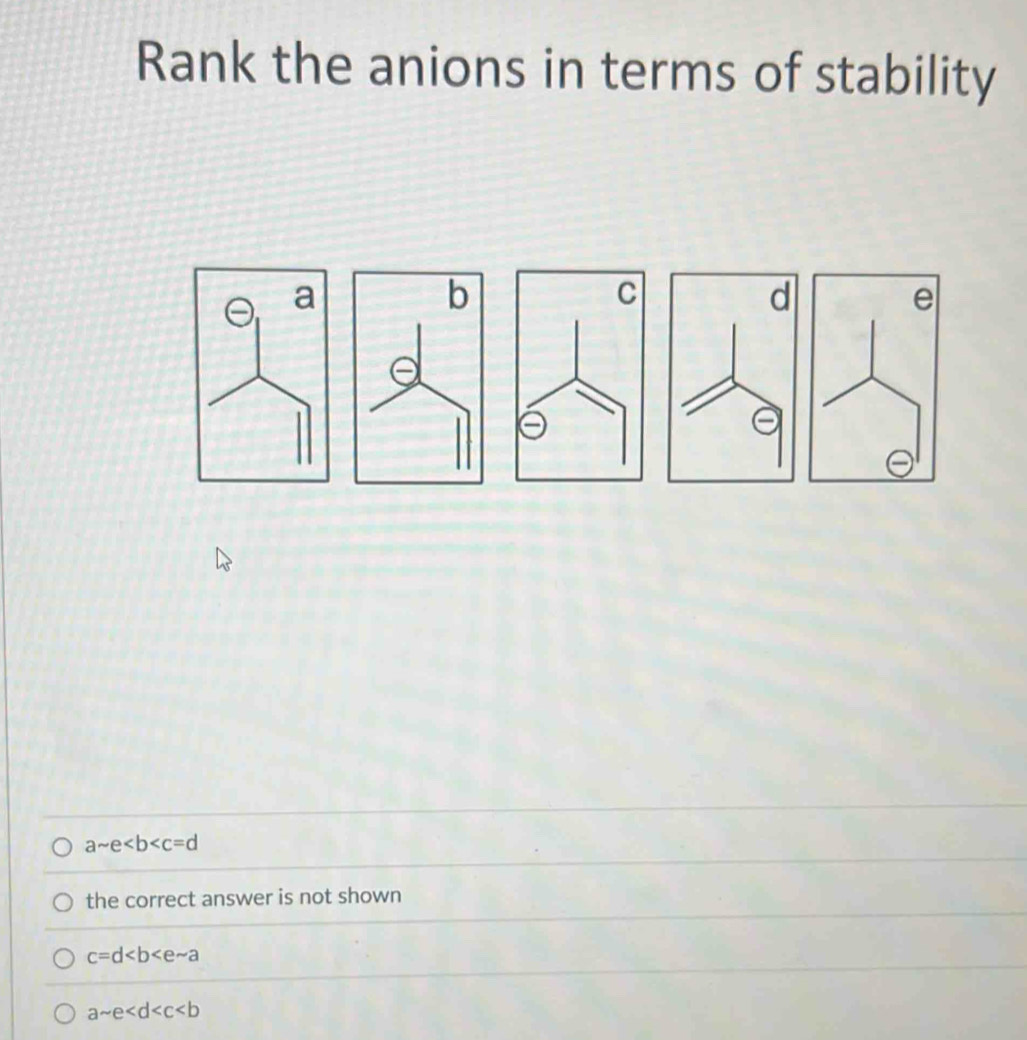 Rank the anions in terms of stability
asim e
the correct answer is not shown
c=d
asim e