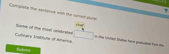 malylcs 
Complete the sentence with the correct plural. 
chef 
Some of the most celebrated □ in the United States have graduated from the 
Culinary Institute of America. 
Submit