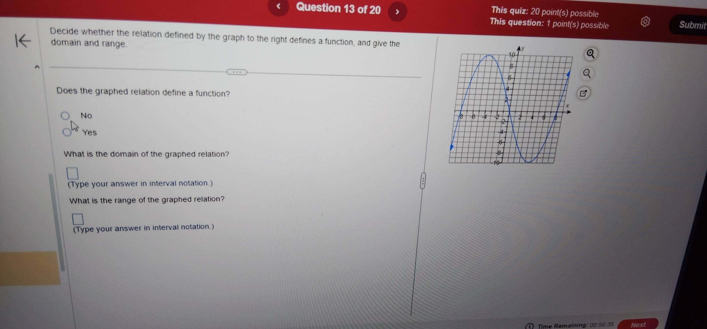 This quiz: 20 point(s) possible
Question 13 of 20 Submit
This question: 1 point(s) possible
Decide whether the relation defined by the graph to the right defines a function, and give the
domain and range.
Does the graphed relation define a function?
No
Yes 
What is the domain of the graphed relation?
(Type your answer in interval notation.)
What is the range of the graphed relation?
(Type your answer in interval notation.)
Time Remaining: 00:50.35 Next