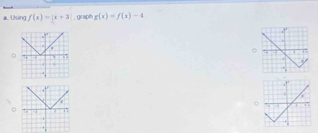 Using f(x)=|x+3| , graph g(x)=f(x)-4