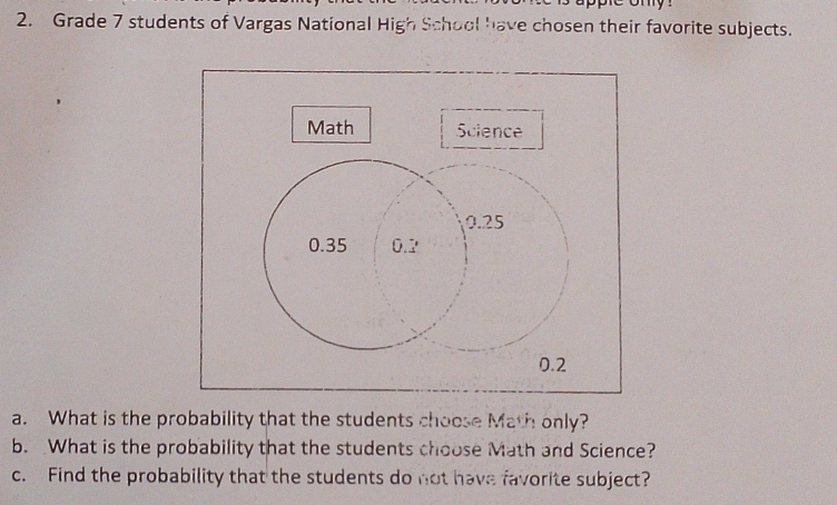 Grade 7 students of Vargas National High School have chosen their favorite subjects. 
a. What is the probability that the students choose Math only? 
b. What is the probability that the students choose Math and Science? 
c. Find the probability that the students do not have favorite subject?