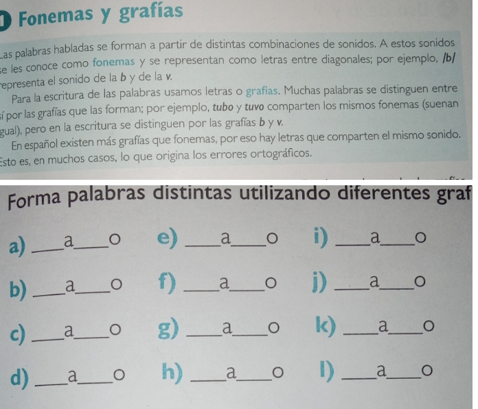 Fonemas y grafías 
Las palabras habladas se forman a partir de distintas combinaciones de sonidos. A estos sonidos 
se les conoce como fonemas y se representan como letras entre diagonales; por ejemplo, /b/ 
representa el sonido de la b y de la v. 
Para la escritura de las palabras usamos letras o grafías. Muchas palabras se distinguen entre 
sí por las grafías que las forman; por ejemplo, tubo y tuvo comparten los mismos fonemas (suenan 
gual), pero en la escritura se distinguen por las grafías b y v. 
En español existen más grafías que fonemas, por eso hay letras que comparten el mismo sonido. 
Esto es, en muchos casos, lo que origina los errores ortográficos. 
Forma palabras distintas utilizando diferentes graf 
a) _a_ 
e) _a_ i) _a_ O 
b) _a_ O f) _a_ O j) _a_ 
c) _a_ O g) _a_ O k) _a_ O 
d) _a_ O h) _a_ 
1) _a_ O