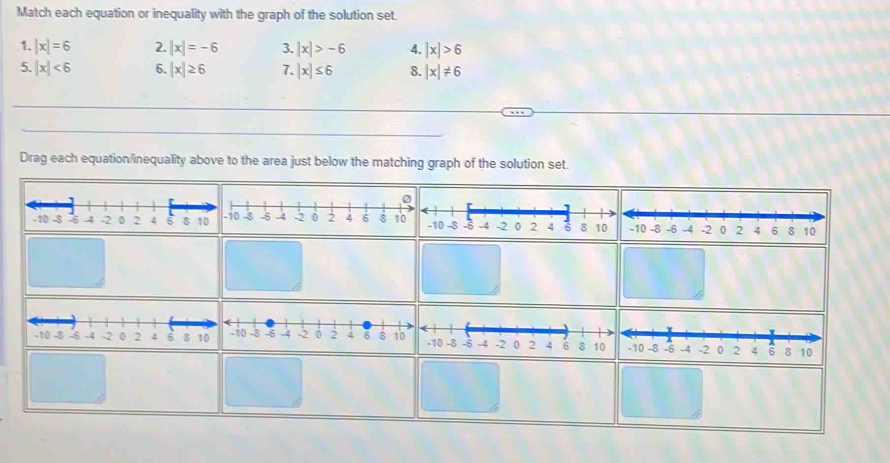 Match each equation or inequality with the graph of the solution set. 
1. |x|=6 2. |x|=-6 3. |x|>-6 4. |x|>6
5. |x|<6</tex> 6. |x|≥ 6 7. |x|≤ 6 8. |x|!= 6
Drag each equation/inequality above to the area just below the matching graph of the solution set