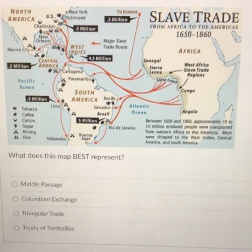 A
Middle Passage
Columbian Exchange
Triangular Trade
Treaty of Tordesillas