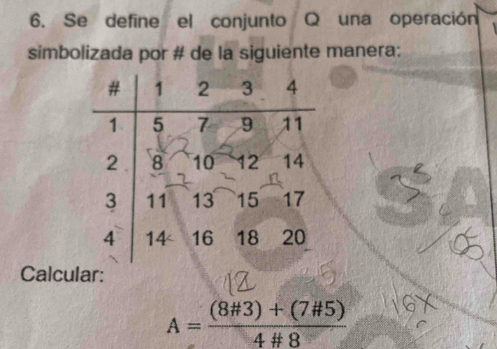 Se define el conjunto Q una operación 
simbolizada por # de la siguiente manera: 
Calcular:
A= ((8# 3)+(7# 5))/4# 8 