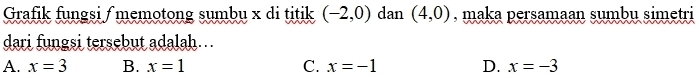 Grafik fungsi / memotong sumbu x di titik (-2,0) dan (4,0) , maka persamaan sumbu simetri
dari fungsi tersebut adalah…
A. x=3 B. x=1 C. x=-1 D. x=-3