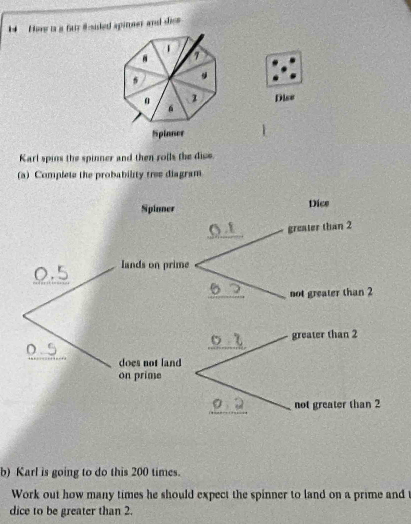 Here is a far scsided spinner and diss
1
7

0 1 Dise
6
Splaner 
Karl spins the spinner and then rolls the dise. 
(a) Complete the probability tree diagram 
b) Karl is going to do this 200 times. 
Work out how many times he should expect the spinner to land on a prime and t 
dice to be greater than 2.