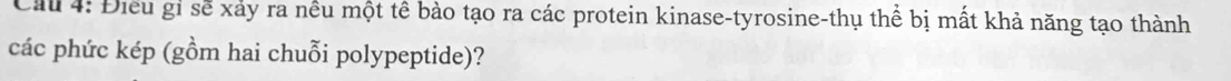 Cầu 4: Điều gi sẽ xảy ra nều một tế bào tạo ra các protein kinase-tyrosine-thụ thể bị mất khả năng tạo thành 
các phức kép (gồm hai chuỗi polypeptide)?