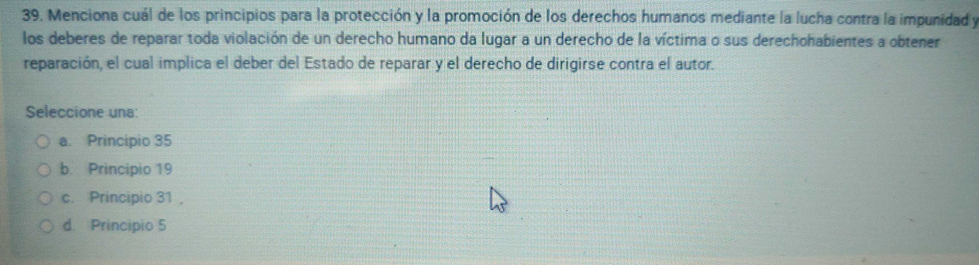 Menciona cuál de los principios para la protección y la promoción de los derechos humanos mediante la lucha contra la impunidad y
los deberes de reparar toda violación de un derecho humano da lugar a un derecho de la víctima o sus derechohabientes a obtener
reparación, el cual implica el deber del Estado de reparar y el derecho de dirigirse contra el autor.
Seleccione una:
a. Principio 35
b. Principio 19
c. Principio 31 ,
d. Principio 5