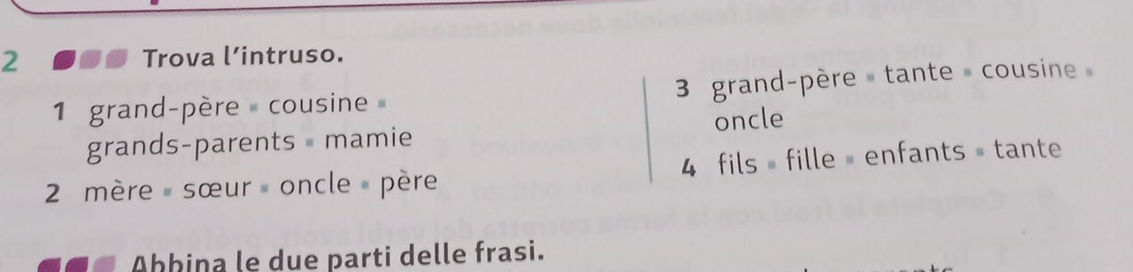 Trova l’intruso. 
1 grand-père cou sine 3 grand-père tante cousine 
grands-parents mamie oncle 
2 mère sœur oncle père 4 fils fille enfants tante 
Ahhina le due parti delle frasi.